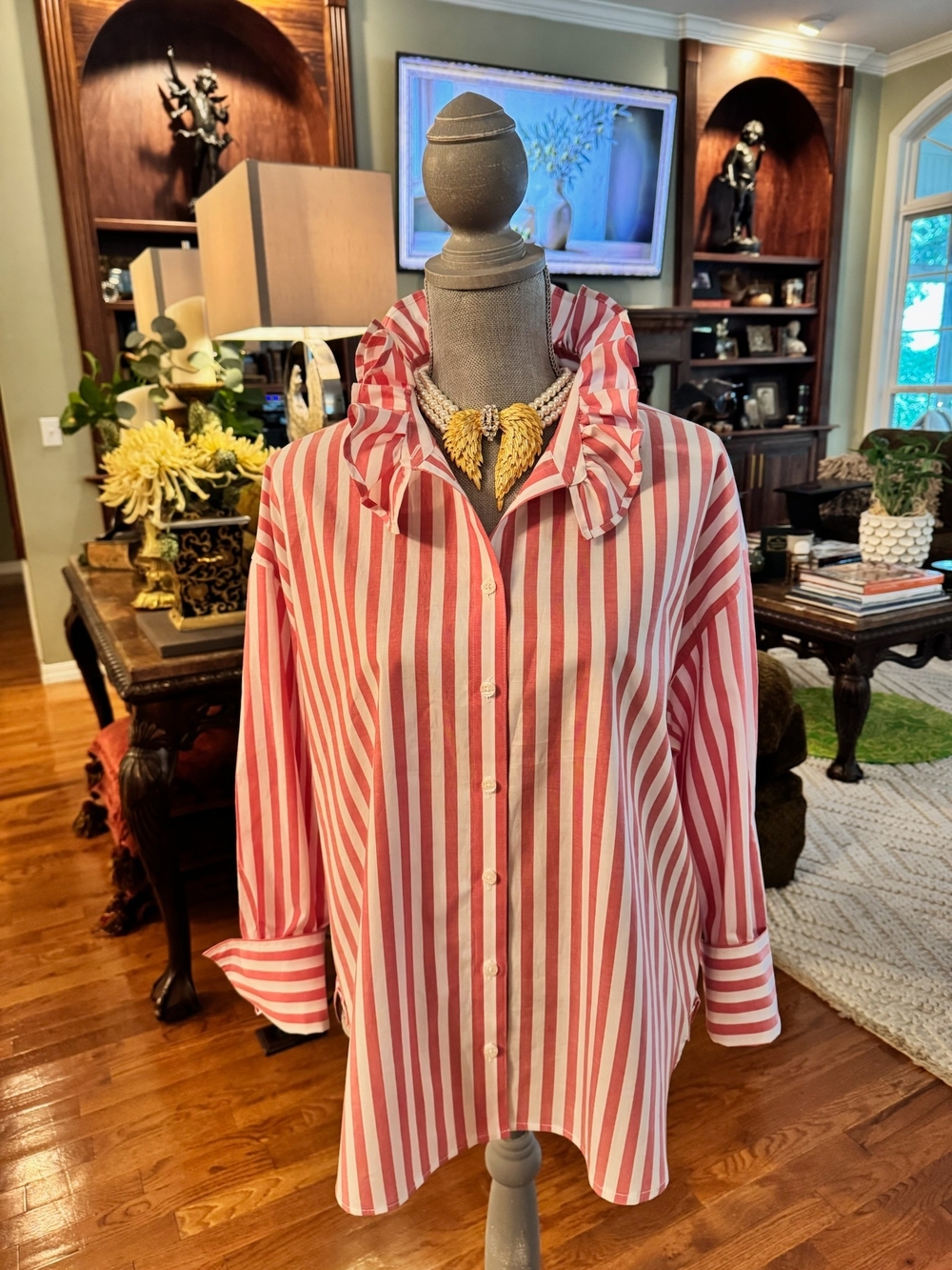 Ladies Upcycled Brooks Brothers Striped Ruffle-Collar Shirt - Pink/White.